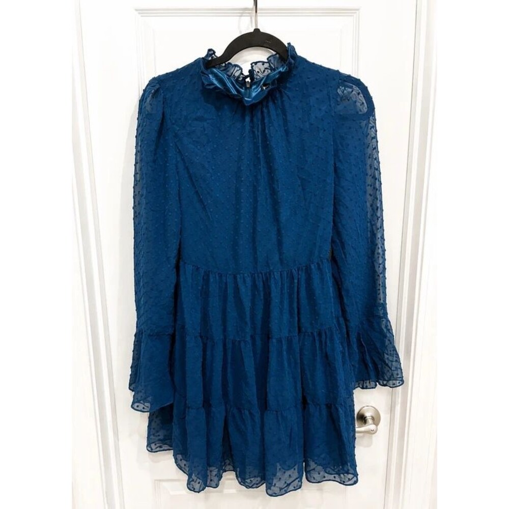 SHEIN Women’s Small navy Swiss Dot Tiered Long Sleeve Mini Dress